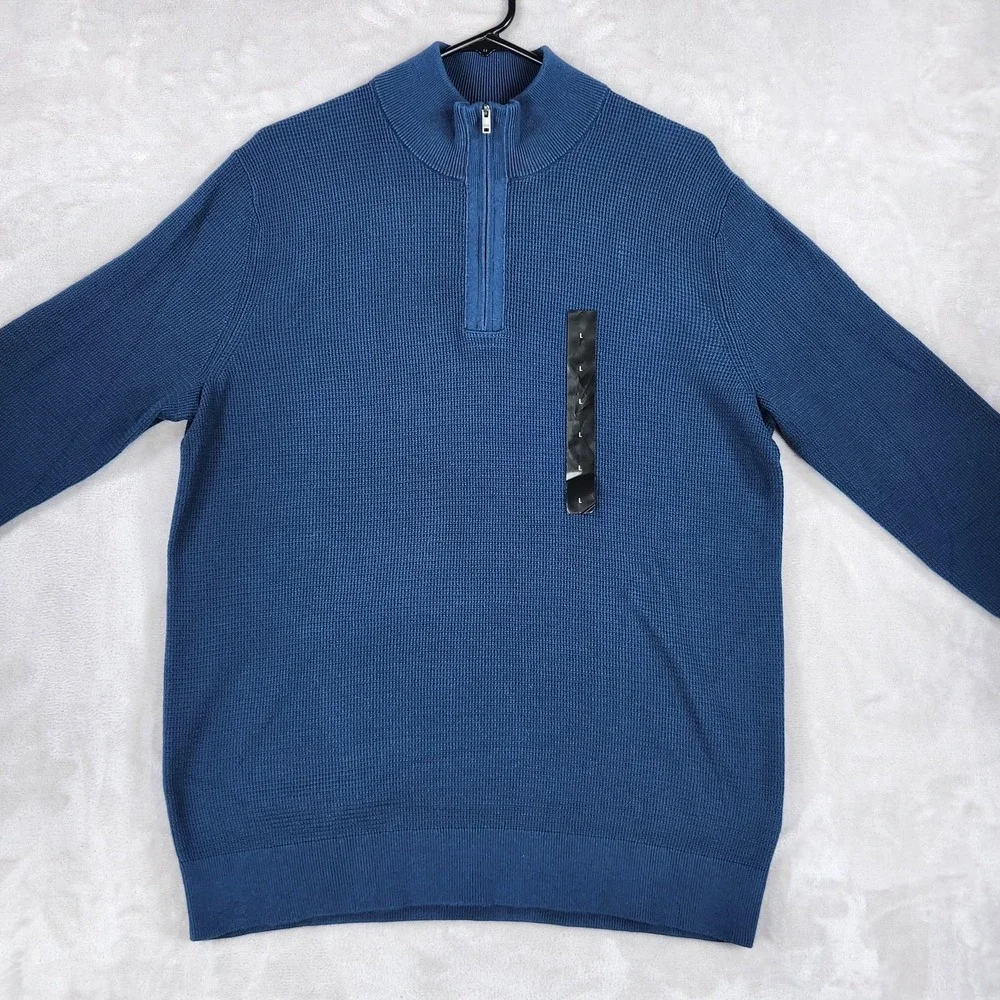 Banana Republic Sweater Mens Large Blue 1/4 Zip Mock Neck Cotton Knit Pullover
